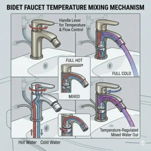 Illustration explaining the mixing valve mechanism for hot and cold water adjustment in a bidet faucet.