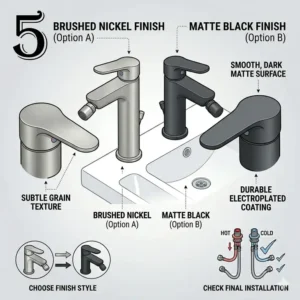 Illustration comparing a brushed nickel bidet faucet set against a matte black finish.