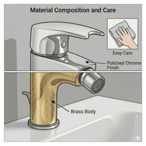 An icon-based illustration highlighting the water-saving and eco-friendly features of the bidet tapware.