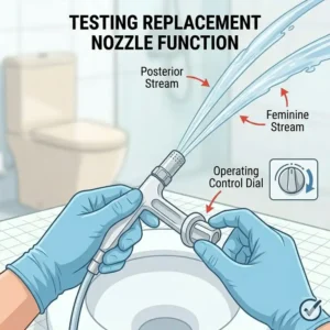 Visual confirmation of water flow testing to ensure the bidet nozzle replacement is functioning perfectly.
