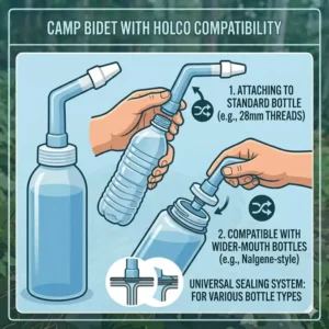 An illustration demonstrating how a camp bidet attachment fits onto various sizes of standard water bottles.