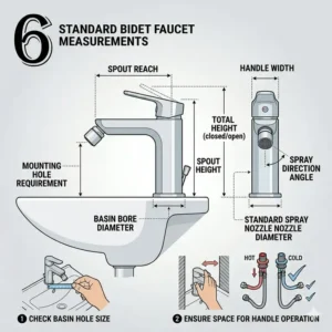 Technical drawing showing the height and reach measurements of a standard bidet faucet set.