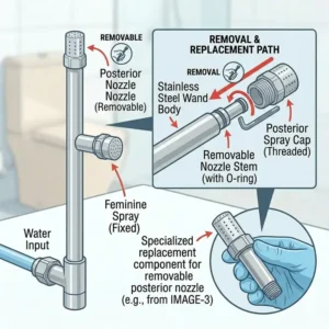 Technical breakdown of a dual-system setup requiring a specific type of bidet nozzle replacement.