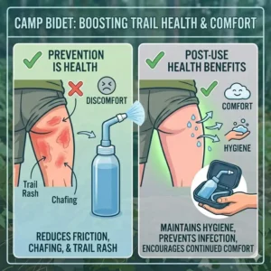 A health-focused graphic explaining how using a camp bidet prevents trail rash and skin irritation during treks.