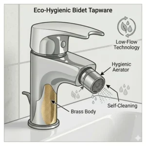 Diagram illustrating the 360-degree adjustable swivel nozzle of the ergonomic bidet tapware.