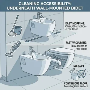 Close-up illustration of faucet spray patterns and controls for a wall mounted bidet.