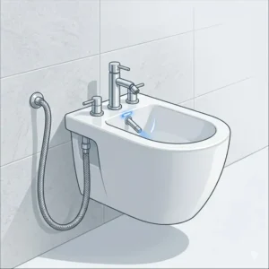 A space-saving wall-hung bidet design with concealed bidet plumbing fixtures.