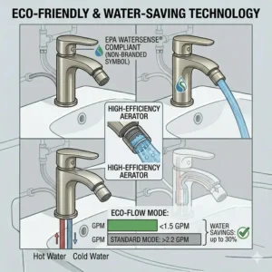 An infographic highlighting the water-saving aerator technology used in modern bidet faucet designs.
