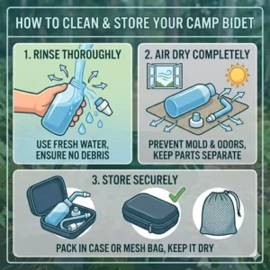 A guide showing the proper way to rinse, air dry, and store a camp bidet in a mesh bag after use.