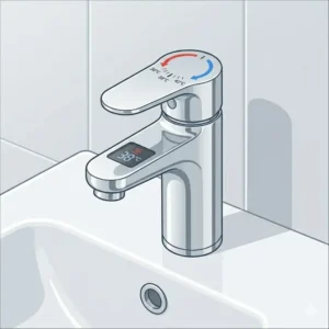 Close-up of a temperature-controlled mixer tap used in specialized bidet plumbing fixtures.