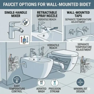 Line art illustration highlighting the floating minimalist design of a wall mounted bidet.