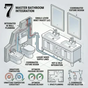 Stylized illustration of a matching bidet faucet set and sink faucet in a luxury master bathroom suite.
