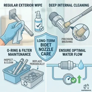 Infographic checklist of routine maintenance tasks to perform after a bidet nozzle replacement.