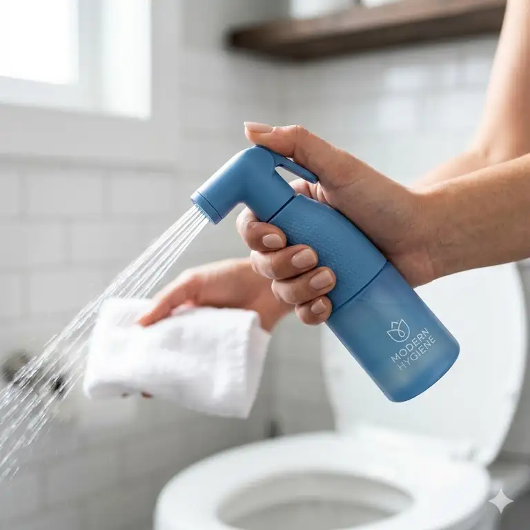 A handheld portable bidet spray bottle being used for personal hygiene and travel.