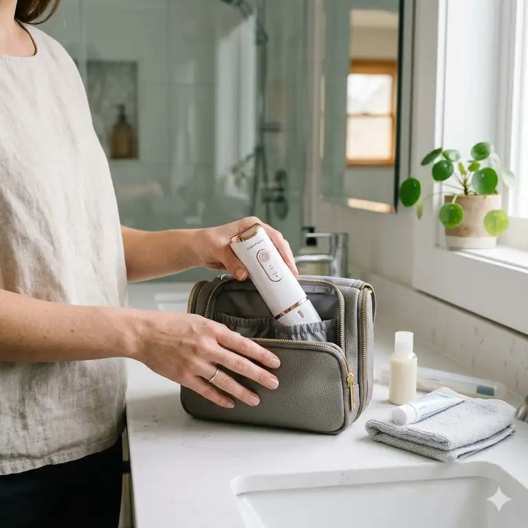 A premium lifestyle photo of a sleek handheld portable electric bidet for travel hygiene.