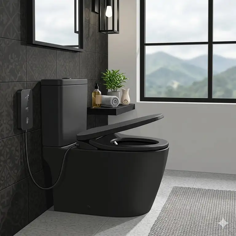 A luxury modern bathroom interior featuring a matte black toilet with bidet combo next to a glass walk-in shower.