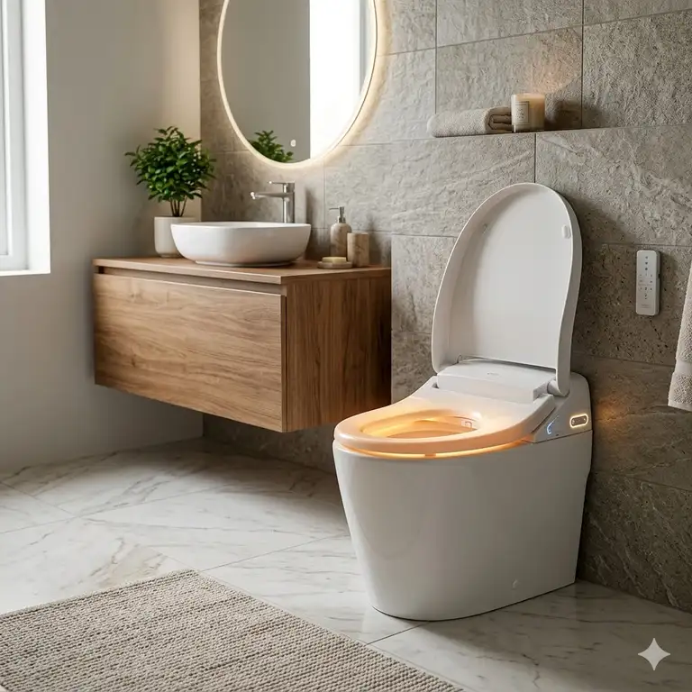 A modern luxury bathroom featuring an advanced smart toilet heated seat with ambient nightlight.