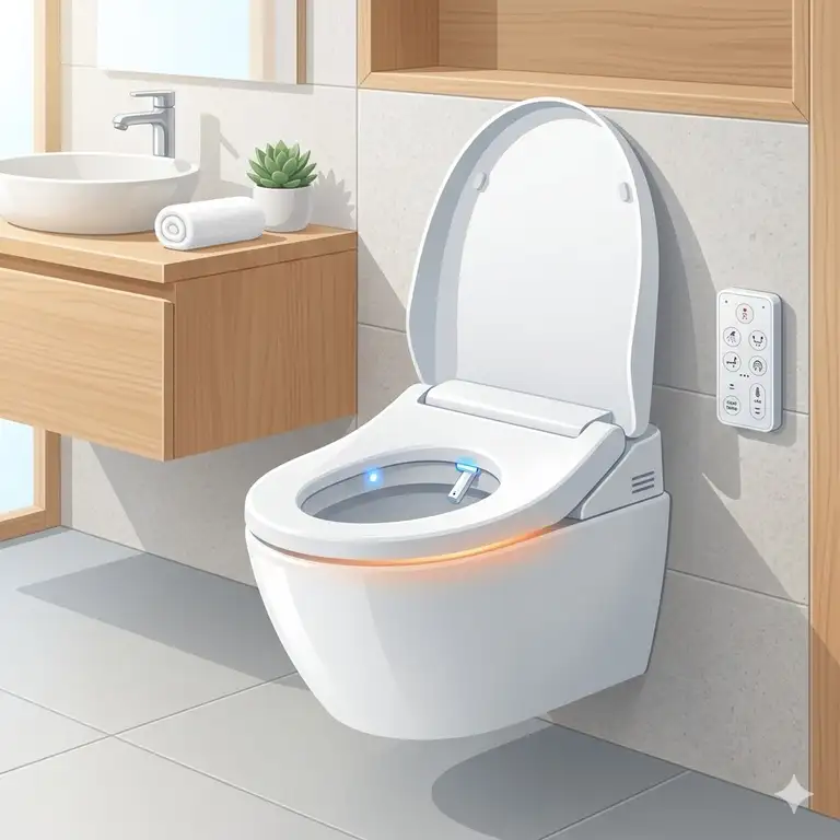 A sleek modern japanese wc bidet installed in a contemporary minimalist bathroom.