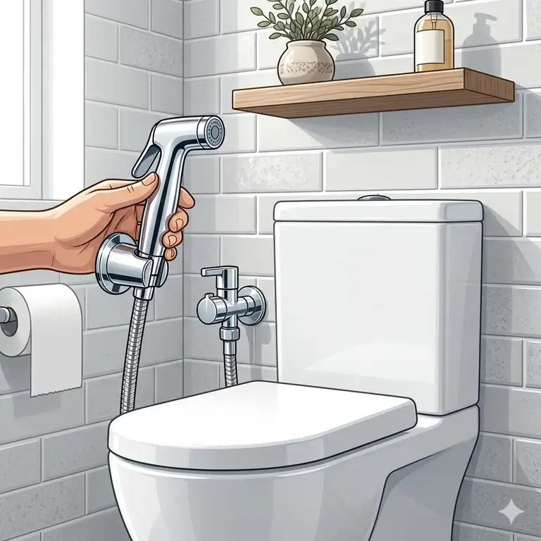 A high-quality chrome shattaf bidet sprayer mounted on a bathroom wall next to a toilet.