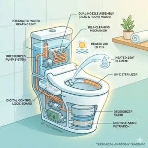 A technical anatomy diagram highlighting the key internal features of a smart bidet wc combo.