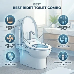 An informative diagram highlighting the key features of the best bidet toilet combo including heated seats and nightlights.