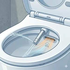 Close up of an adjustable bidet toilet with dryer nozzle and cleaning function.