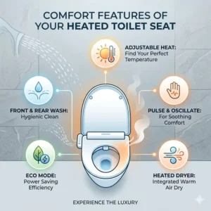 An infographic detailing the comfort benefits of a toilet heated seat, including temperature control and eco-mode.