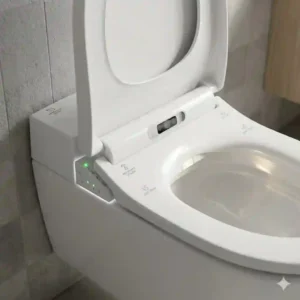 Hands-free automatic wc seat with built-in motion sensor opening the lid automatically as someone approaches.