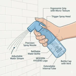 Detailed diagram showing the nozzle and ergonomic body of a bidet spray bottle.