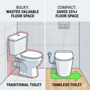 Side-by-side comparison showing how much floor space is saved by installing tankless toilets versus traditional bulky models.