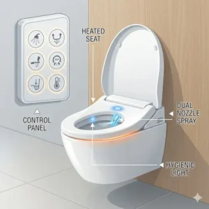 Close up illustration of a japanese wc bidet wireless remote control panel with various spray and temperature options.