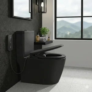 An intelligent smart black toilet with bidet integrated bidet seat and wall-mounted remote control.