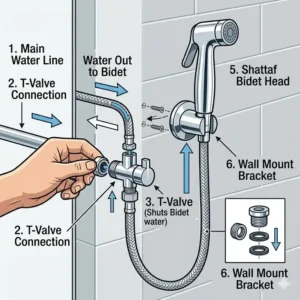 Step-by-step installation diagram for a shattaf bidet showing the T-valve connection to the water supply.