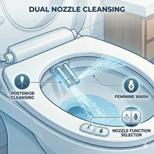 Illustration showing the adjustable dual-nozzle system of a best bidet toilet combo for effective cleansing.