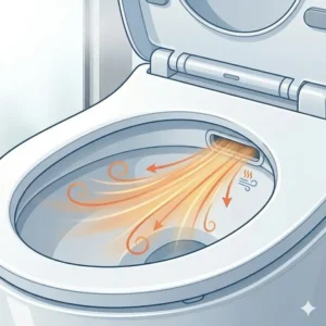 Diagram showing the warm air flow feature of a bidet toilet with dryer.