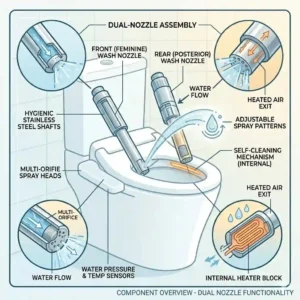 Illustration demonstrating the separate rear and feminine cleaning nozzles of a bidet wc combo.