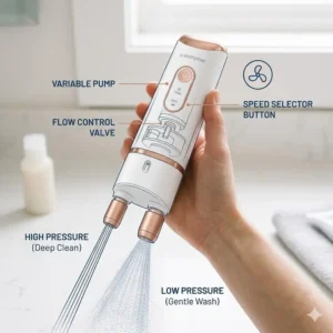 Illustration of the high and low pressure spray settings on a portable electric bidet.