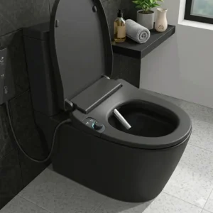 Close-up profile of a sleek matte black toilet with bidet seat attachment showing water spray nozzle mechanisms.