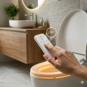A close-up of a person adjusting the temperature settings on a smart toilet heated seat remote control.