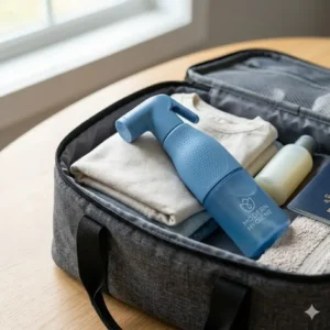 A compact bidet spray bottle tucked into travel luggage for easy transport.
