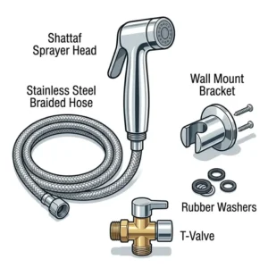 Complete shattaf bidet kit including the handheld spray head, stainless steel hose, and wall mount bracket.