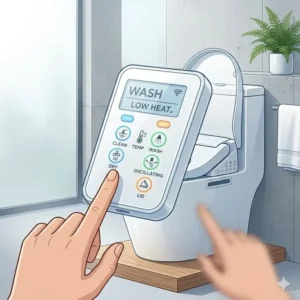 Wireless remote control interface for a bidet toilet with dryer showing settings.