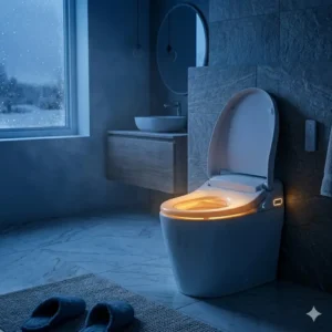 A cozy bathroom interior showcasing a toilet heated for winter comfort.