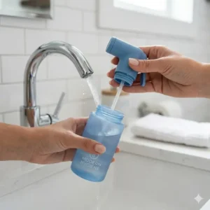 A person filling a bidet spray bottle with clean water at a bathroom sink.