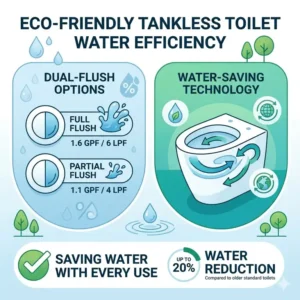 Infographic demonstrating the superior water efficiency and eco-friendly dual-flush technology of modern tankless toilets.