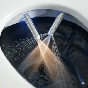 Smart automatic wc seat with an extended nozzle demonstrating the warm water bidet spray function.