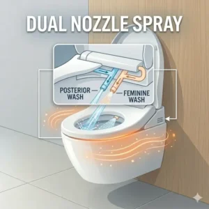 Diagram showing the self cleaning dual nozzles of a japanese wc bidet with adjustable water pressure.