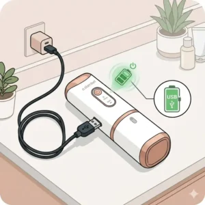 A portable electric bidet charging via USB cable with a clear power indicator.