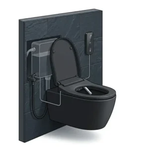 Minimalist powder room design featuring a floating wall-mounted black toilet with bidet functionality against dark slate tiles.