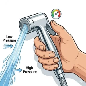 Close-up of a hand pressing the lever on a shattaf bidet to demonstrate adjustable water pressure control.